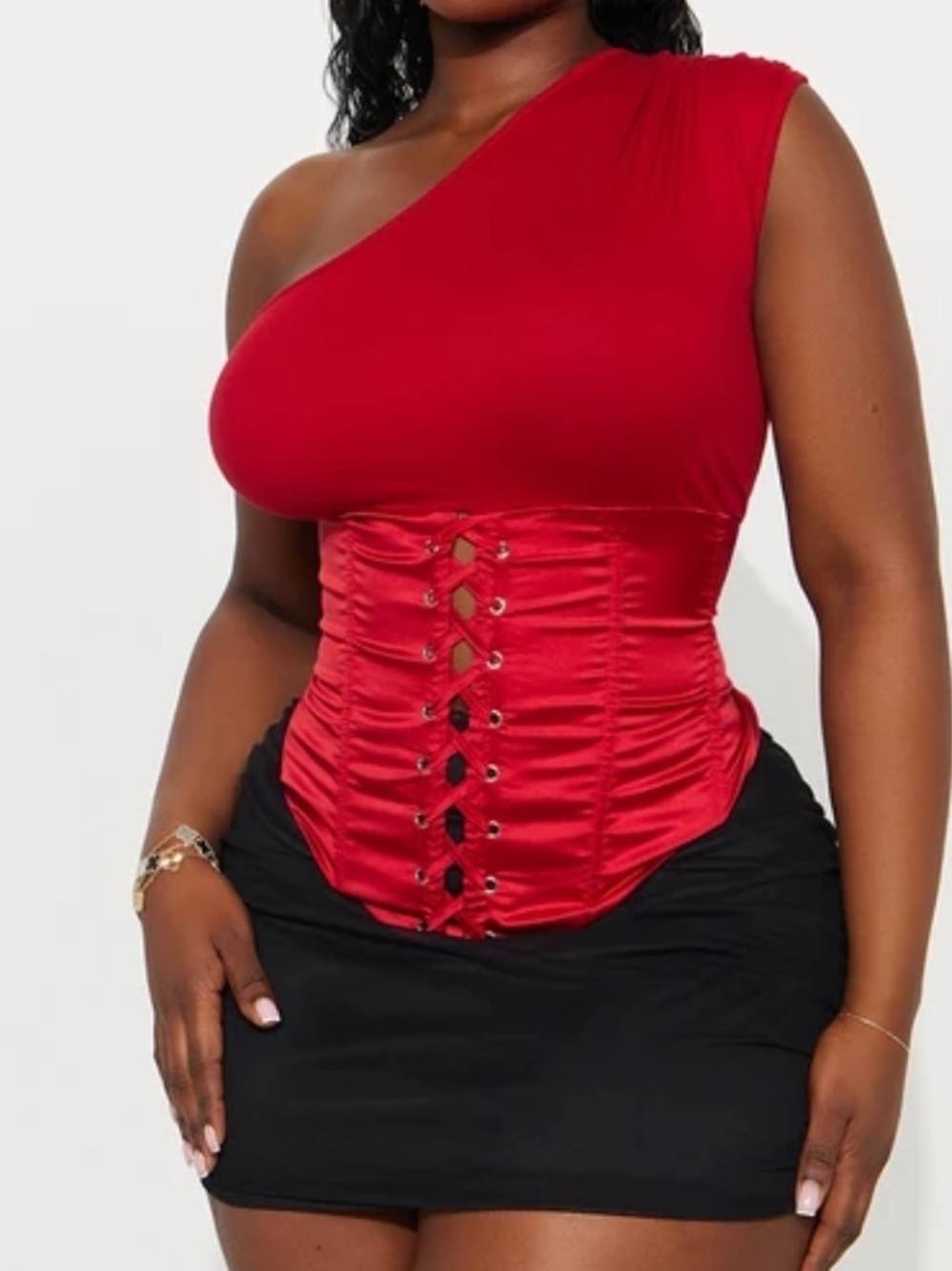 Fashion Nova Red One-Shoulder Corset Lace-Up Crop Top